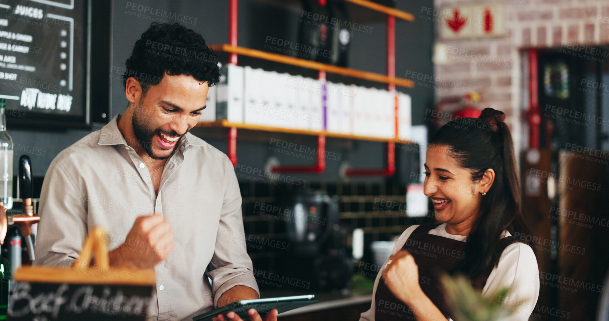 Buy stock photo Happy, people and celebration in restaurant with tablet, success or notification for online order goal. Coworkers, fist pump or teamwork in diner with tech, hospitality achievement or accomplishment.