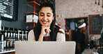 Thinking, woman and smile with laptop in cafe for planning sale, positive reviews and online inventory. Reflection, happy owner and tech for store pricing update, digital menu decision or hospitality