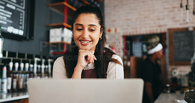 Buy stock photo Thinking, woman and smile with laptop in cafe for planning sale, positive reviews and online inventory. Reflection, happy owner and tech for store pricing update, digital menu decision or hospitality