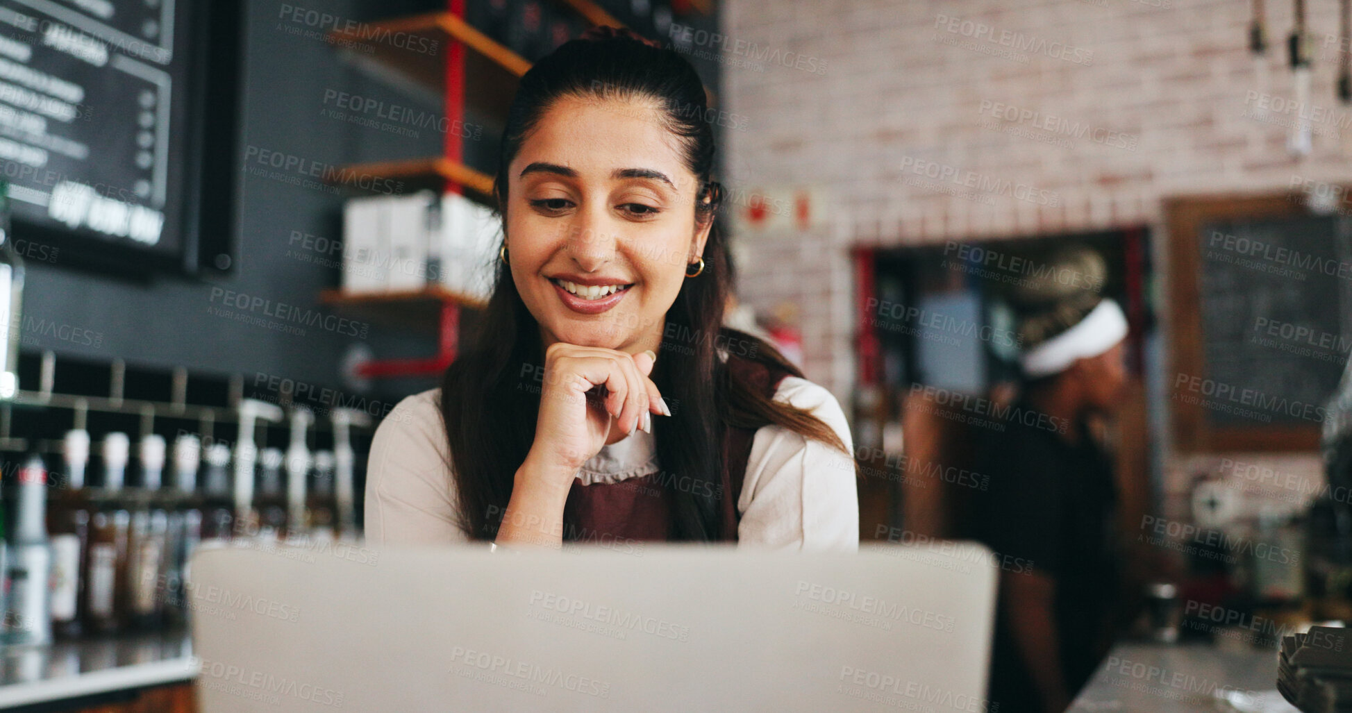 Buy stock photo Thinking, woman and smile with laptop in cafe for planning sale, positive reviews and online inventory. Reflection, happy owner and tech for store pricing update, digital menu decision or hospitality