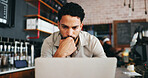 Thinking, businessman and plan with laptop in cafe, remember and decision for article and journalism. Creative, person and reflection for story deadline, serious and reporter with tech for project