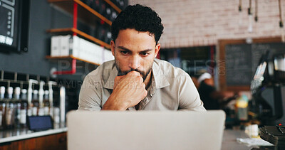 Buy stock photo Thinking, businessman and plan with laptop in cafe, remember and decision for article and journalism. Creative, person and reflection for story deadline, serious and reporter with tech for project