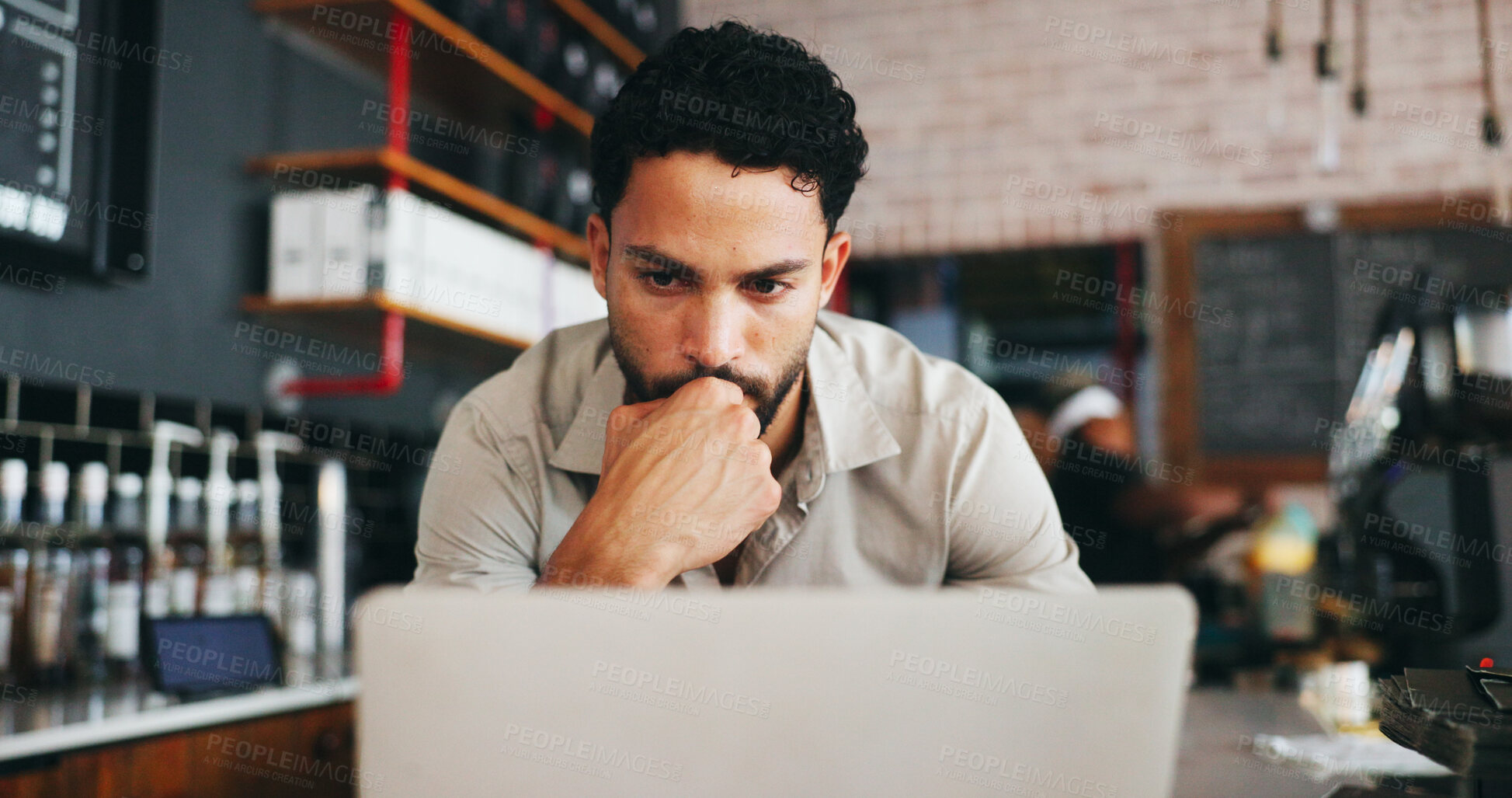 Buy stock photo Thinking, businessman and plan with laptop in cafe, remember and decision for article and journalism. Creative, person and reflection for story deadline, serious and reporter with tech for project