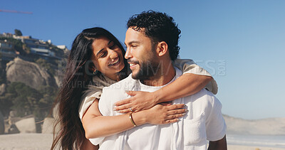 Buy stock photo Hug, love and smile of couple on beach together for anniversary, date or honeymoon in summer. Holiday, travel and vacation with happy people embracing outdoor for bonding, relationship or security