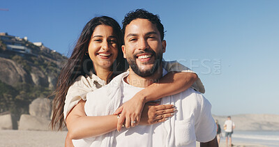 Buy stock photo Love, hug and portrait of couple by beach on holiday, travel or getaway together for honeymoon. Smile, care and woman embrace man by ocean for seaside vacation for marriage, romance or happiness.