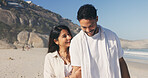 Laughing, love and walking with couple on beach together for anniversary, date or honeymoon. Holiday, travel and vacation with funny people outdoor in nature for bonding, relationship or security