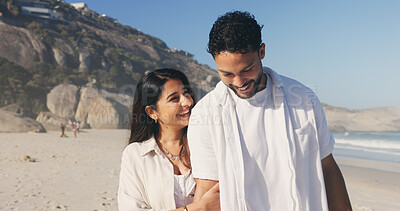 Buy stock photo Laughing, love and walking with couple on beach together for anniversary, date or honeymoon. Holiday, travel and vacation with funny people outdoor in nature for bonding, relationship or security