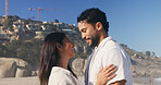 Date, love and smile of couple on beach together for anniversary, honeymoon or romance. Holiday, travel and vacation with happy people outdoor in nature for relationship, security or summer bonding