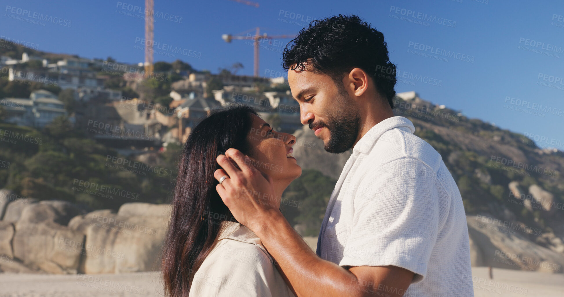 Buy stock photo Dating, love and smile of couple on beach together for anniversary, honeymoon or romance. Holiday, summer and vacation with happy people outdoor in nature for bonding, relationship security or travel