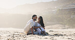 Holiday, laugh and smile with couple on beach for travel, summer and vacation together. Sunglasses, man and woman with date for love, bonding and space for weekend break and relax for honeymoon trip