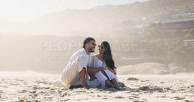 Buy stock photo Holiday, laugh and smile with couple on beach for travel, summer and vacation together. Sunglasses, man and woman with date for love, bonding and space for weekend break and relax for honeymoon trip