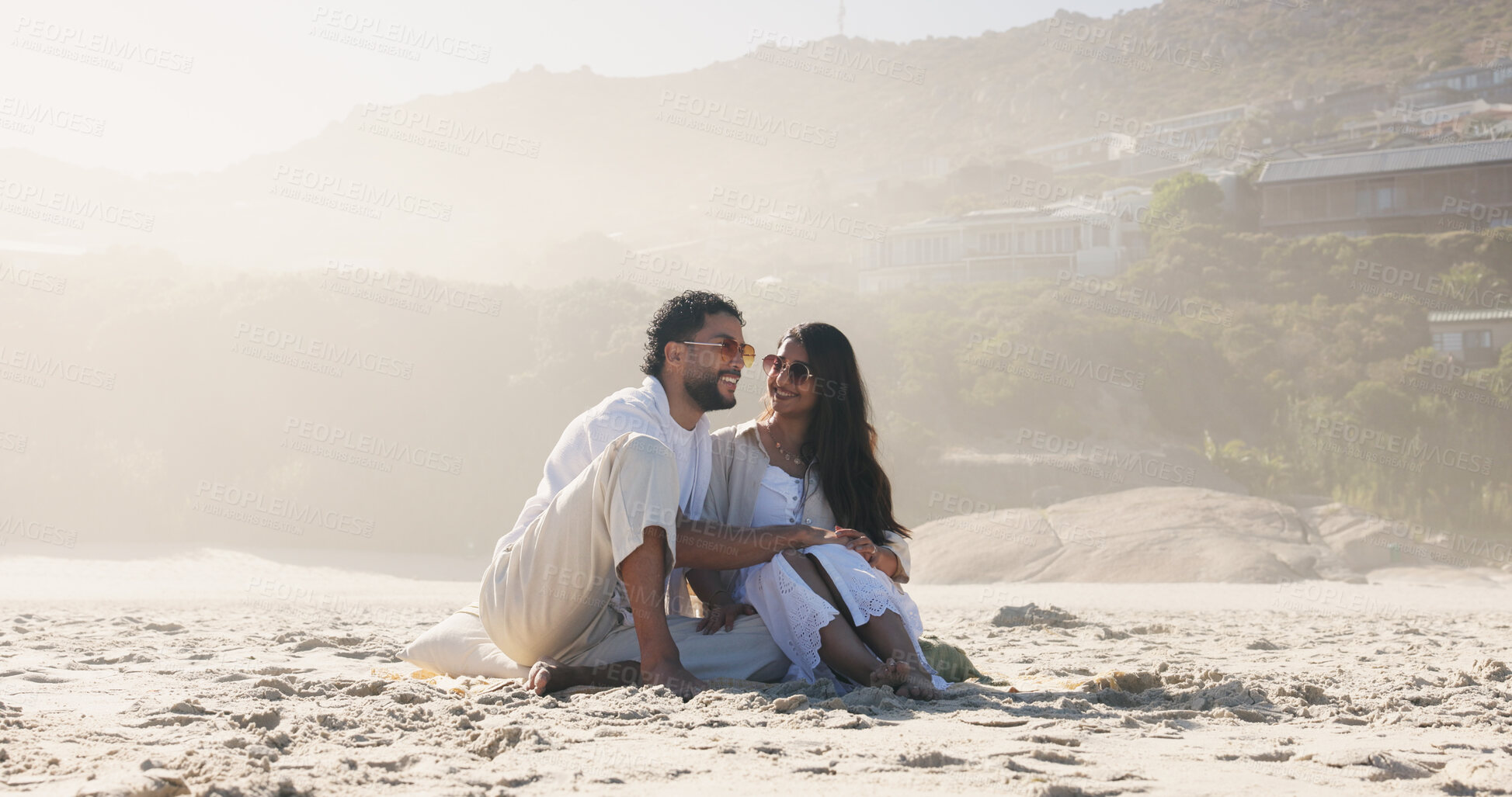 Buy stock photo Holiday, laugh and smile with couple on beach for travel, summer and vacation together. Sunglasses, man and woman with date for love, bonding and space for weekend break and relax for honeymoon trip