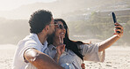 Vacation, love and selfie with couple on beach for travel, summer and holiday together. Sunglasses, man and woman with date for happy, bonding and social media post for weekend and relax for trip