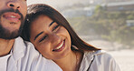 Love, smile and date with woman on beach for travel, summer and vacation together. Peace, man and couple with support for holiday, bonding and romance for weekend break and relax for honeymoon trip