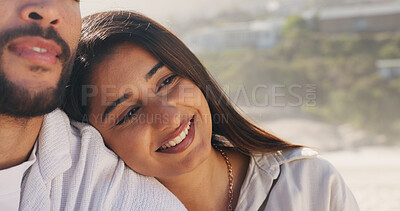 Buy stock photo Love, smile and date with woman on beach for travel, summer and vacation together. Peace, man and couple with support for holiday, bonding and romance for weekend break and relax for honeymoon trip