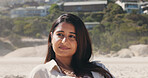 Thinking, calm or Indian woman at beach with smile, memory or mindfulness on summer break. Happy, nostalgia or person with reflection, tourist mindset or peaceful perspective on outdoor getaway.