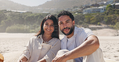 Buy stock photo Travel, portrait or couple on beach sand with smile, commitment or bonding together on summer holiday. Happy, man or woman with love, romantic connection or healthy relationship on outdoor vacation.