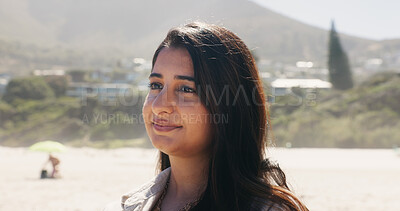 Buy stock photo Thinking, peace or Indian woman at beach with smile, memory or mindfulness on summer break. Happy, nostalgia or female person with reflection, tourist mindset or calm perspective on outdoor getaway.