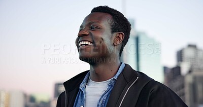 Buy stock photo Education, smile and thinking with black man in city for college or university opportunity. Inspiration, learning and study with happy African student outdoor for commute or journey to school
