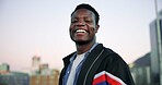 Black man, smile and fashion in city for portrait with sky, space and confidence with trendy outfit. African person, happy and student in urban town with pride, gen z style and streetwear in Nigeria