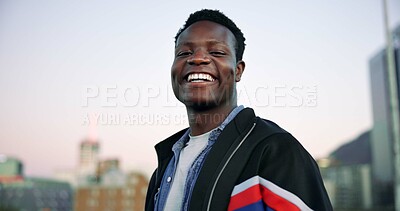 Buy stock photo Black man, smile and fashion in city for portrait with sky, space and confidence with trendy outfit. African person, happy and student in urban town with pride, gen z style and streetwear in Nigeria