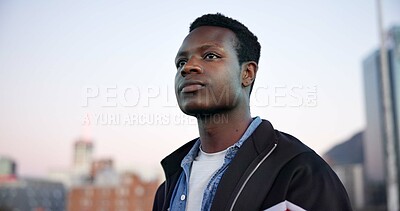 Buy stock photo Outdoor, thinking and black man with calm in city, sightseeing planning and reflection for holiday. Urban exploration, decision and person with travel idea for vacation, daydream or peace in New York