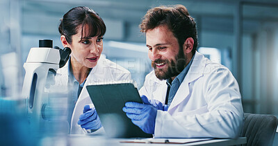 Buy stock photo Tablet, research and people in lab, talking and collaboration for experiment results. Science, man and woman in meeting, teamwork and happy for biotech breakthrough and investigation for medical cure