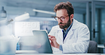 Buy stock photo Glasses, science and tablet with man in laboratory together medical development or research. App, eyewear and review with scientist person at work on clinical trial, experiment results or study