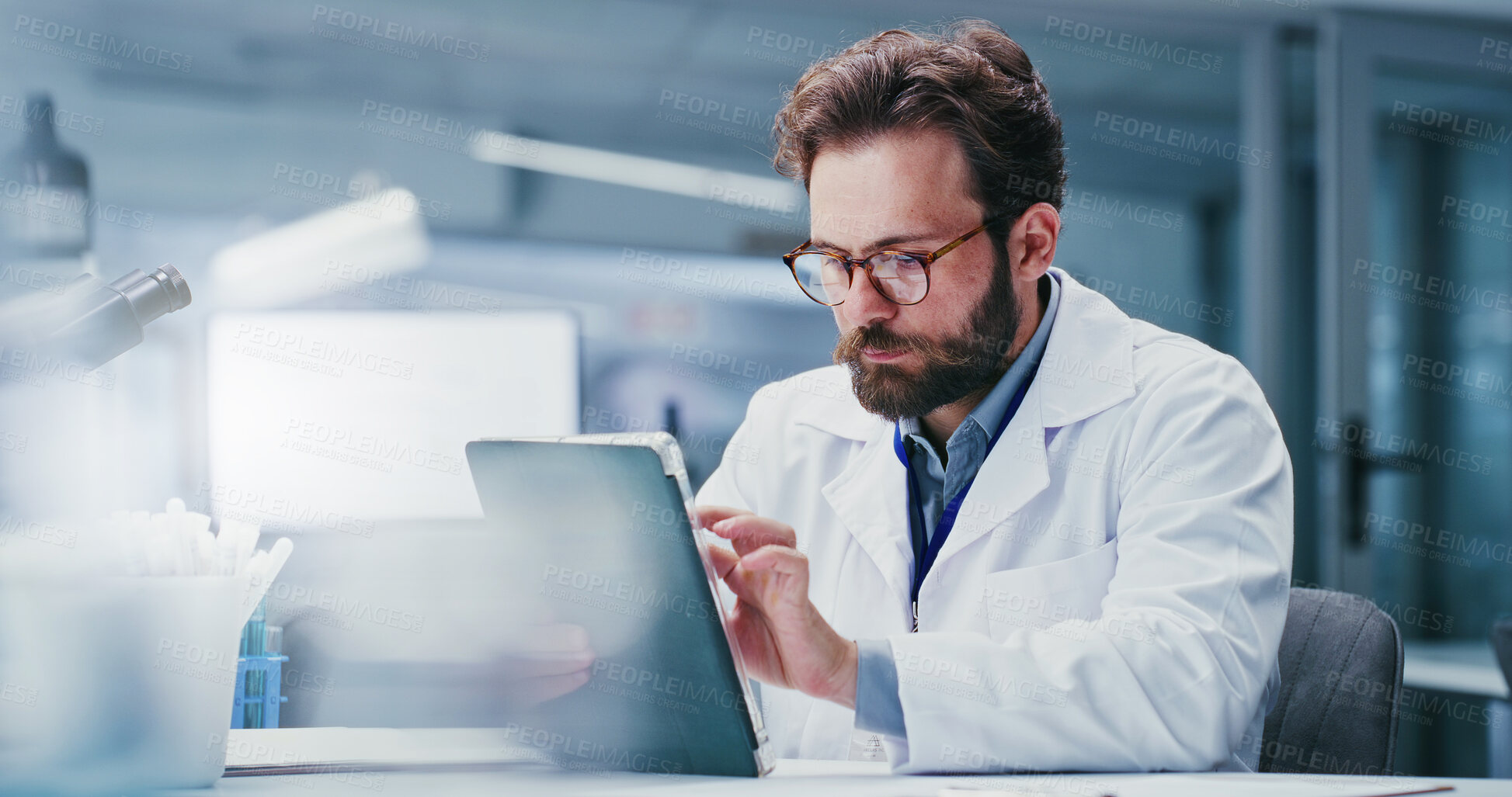 Buy stock photo Glasses, science and tablet with man in laboratory together medical development or research. App, eyewear and review with scientist person at work on clinical trial, experiment results or study