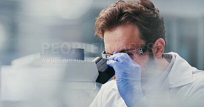 Buy stock photo Medical, goggles or man in lab with microscope, test or examination in biochemistry. Clinical research, glasses or scientist with equipment, science analysis or inspection in rna development.