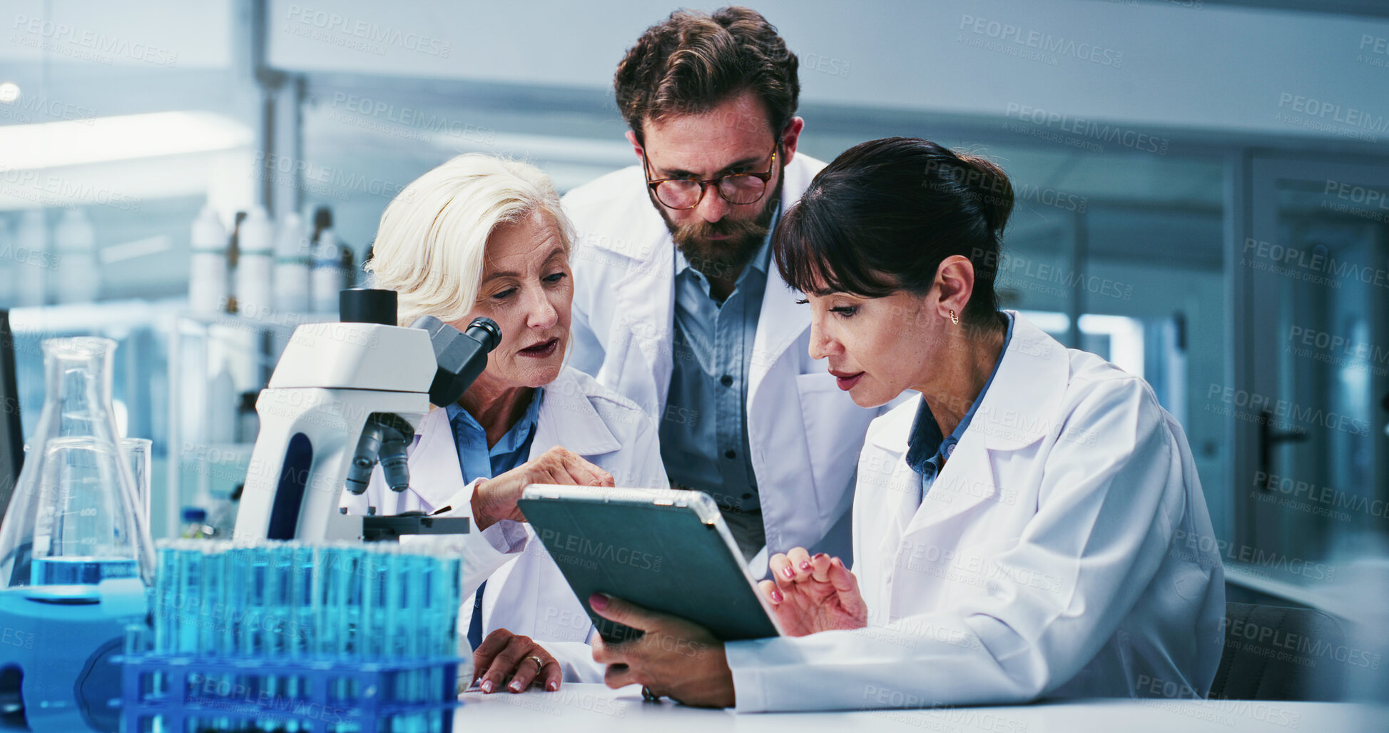 Buy stock photo Medical, science and tablet with people in laboratory together for development or research. App, talking and review with scientist team at work on clinical trial, experiment feedback or study