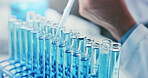 Hand, test tube and scientist with pipette for medical experiment, drug development or chemistry. Chemical, dropper and person in lab for science innovation, cure or investigation for pharma research