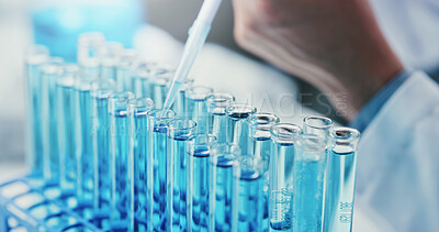 Buy stock photo Hand, test tube and scientist with pipette for medical experiment, drug development or chemistry. Chemical, dropper and person in lab for science innovation, cure or investigation for pharma research