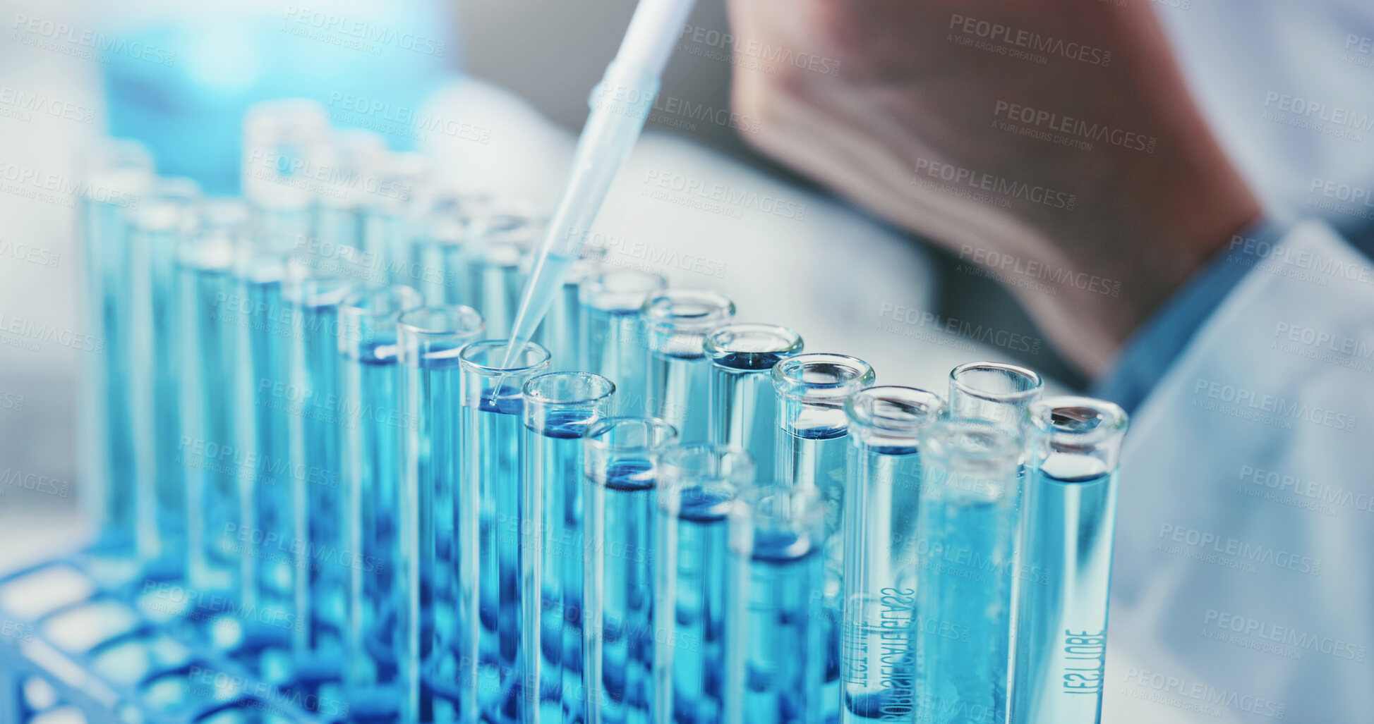 Buy stock photo Hand, test tube and scientist with pipette for medical experiment, drug development or chemistry. Chemical, dropper and person in lab for science innovation, cure or investigation for pharma research