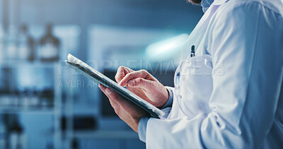 Buy stock photo Science, man and hands in lab with tablet, planning experiment and website for medical research. Scientist, person and browse in clinic with tech, online investigation or report for healthcare study.
