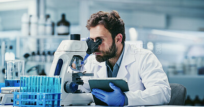 Buy stock photo Man, scientist or tablet with microscope in laboratory for medical research, exam or investigation. Male person, biotechnology or experiment with technology for forensic study, clinic trial or review