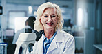 Happy, mature woman and portrait of scientist in laboratory with confidence for medical research. Smile, professional and female biologist with pride for pharmaceutical development or innovation.