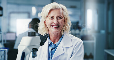 Buy stock photo Happy, mature woman and portrait of scientist in laboratory with confidence for medical research. Smile, professional and female biologist with pride for pharmaceutical development or innovation.