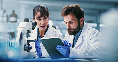 Buy stock photo Tablet, discussion and people in lab, science and feedback for experiment results. Medical research, man and woman in meeting, teamwork and biotech for pharmaceutical review and advice for forensics