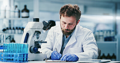Buy stock photo Man, scientist and writing with clipboard at lab for notes, medical research and review with report for virus cure. Person, admin and checklist with solution, feedback or pharma study for vaccine