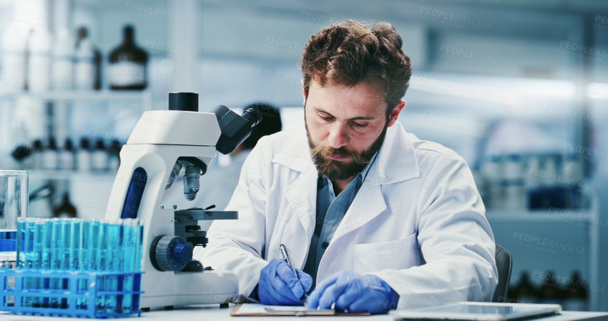 Buy stock photo Man, scientist and writing with clipboard at lab for notes, medical research and review with report for virus cure. Person, admin and checklist with solution, feedback or pharma study for vaccine