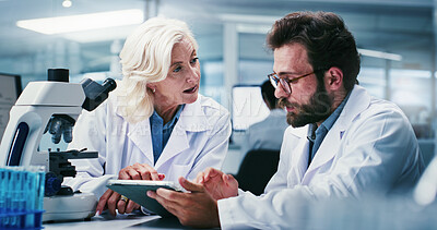 Buy stock photo Microscope, science and tablet with research team in laboratory together for medical development. App, feedback and talking with scientist people at work on clinical trial, pharmaceuticals or study