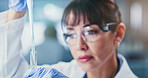 Science, woman and pipette in lab with test tube, DNA experiment or stem cell research for healthcare. Mature person, scientist and sample review in clinic with equipment, trial or medical innovation