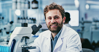 Buy stock photo Happy, man and portrait of scientist in laboratory with confidence for medical research. Smile, professional and male biologist with pride for pharmaceutical development, medical or innovation.