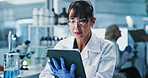 Woman, scientist and tablet with review at lab for notes, medical research and ppe glasses for virus cure. Person, tech and checklist on app for progress report, feedback or pharma study for vaccine