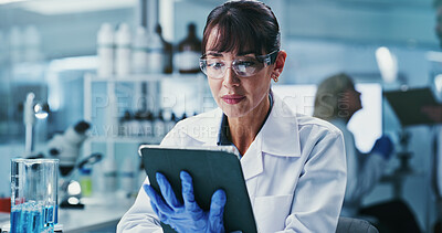 Buy stock photo Woman, scientist and tablet with review at lab for notes, medical research and ppe glasses for virus cure. Person, tech and checklist on app for progress report, feedback or pharma study for vaccine