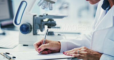 Buy stock photo Hands, scientist and writing with clipboard at lab for notes, medical research and insight for virus cure. Person, admin and checklist with report, feedback or review with pharma study for vaccine
