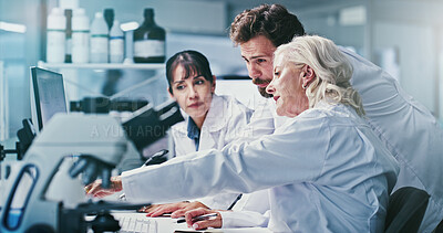Buy stock photo Science, people and discussion in lab with computer, manager advice and experiment for medical research. Scientist, team and review test results in clinic with pc, collaboration and healthcare study.