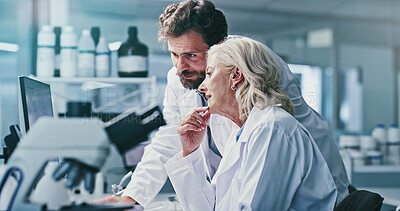 Buy stock photo Scientist, people and reading on computer in lab, medical experiment results or report for finding. Review, mentor or research team with pc for clinical trial conclusion, observation record or advice