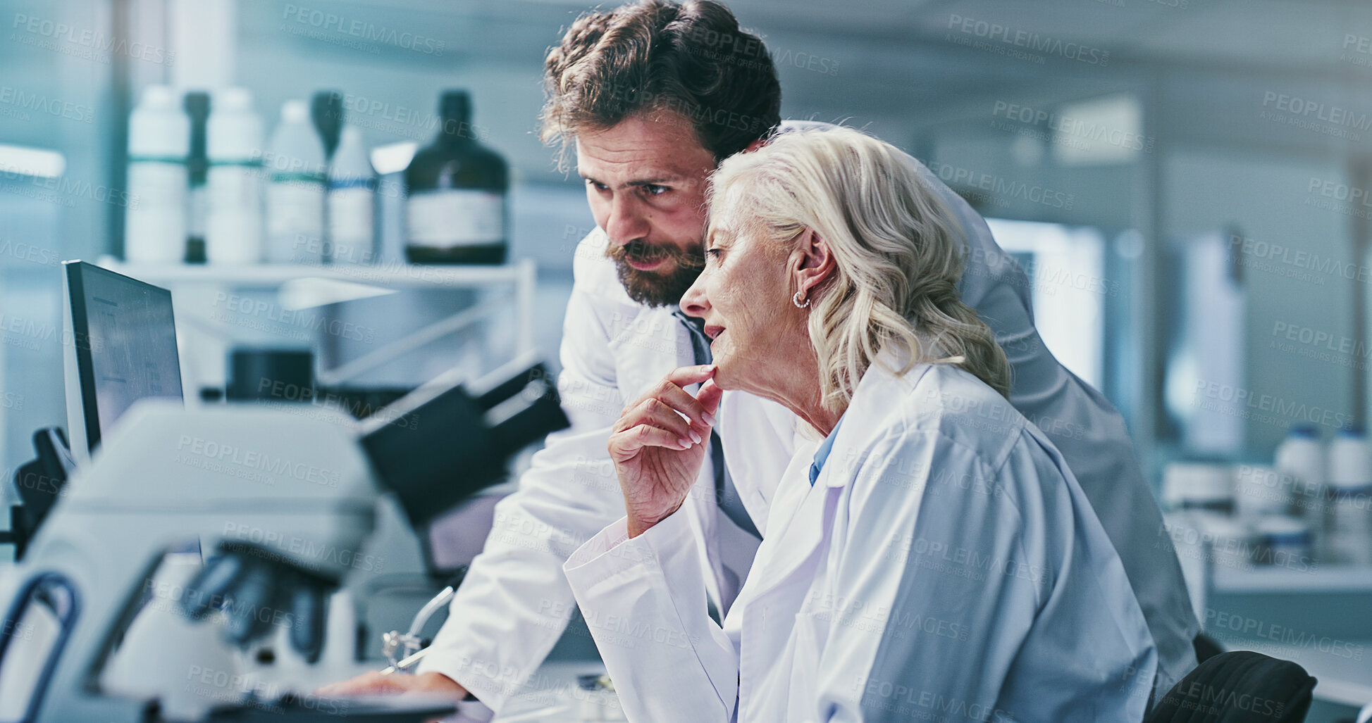 Buy stock photo Scientist, people and reading on computer in lab, medical experiment results or report for finding. Review, mentor or research team with pc for clinical trial conclusion, observation record or advice
